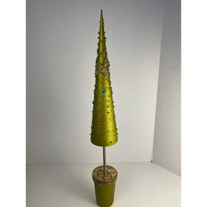 Vintage Christmas Tree Tall Decorative Cone Tree Gold Beaded Green Holiday Decor
